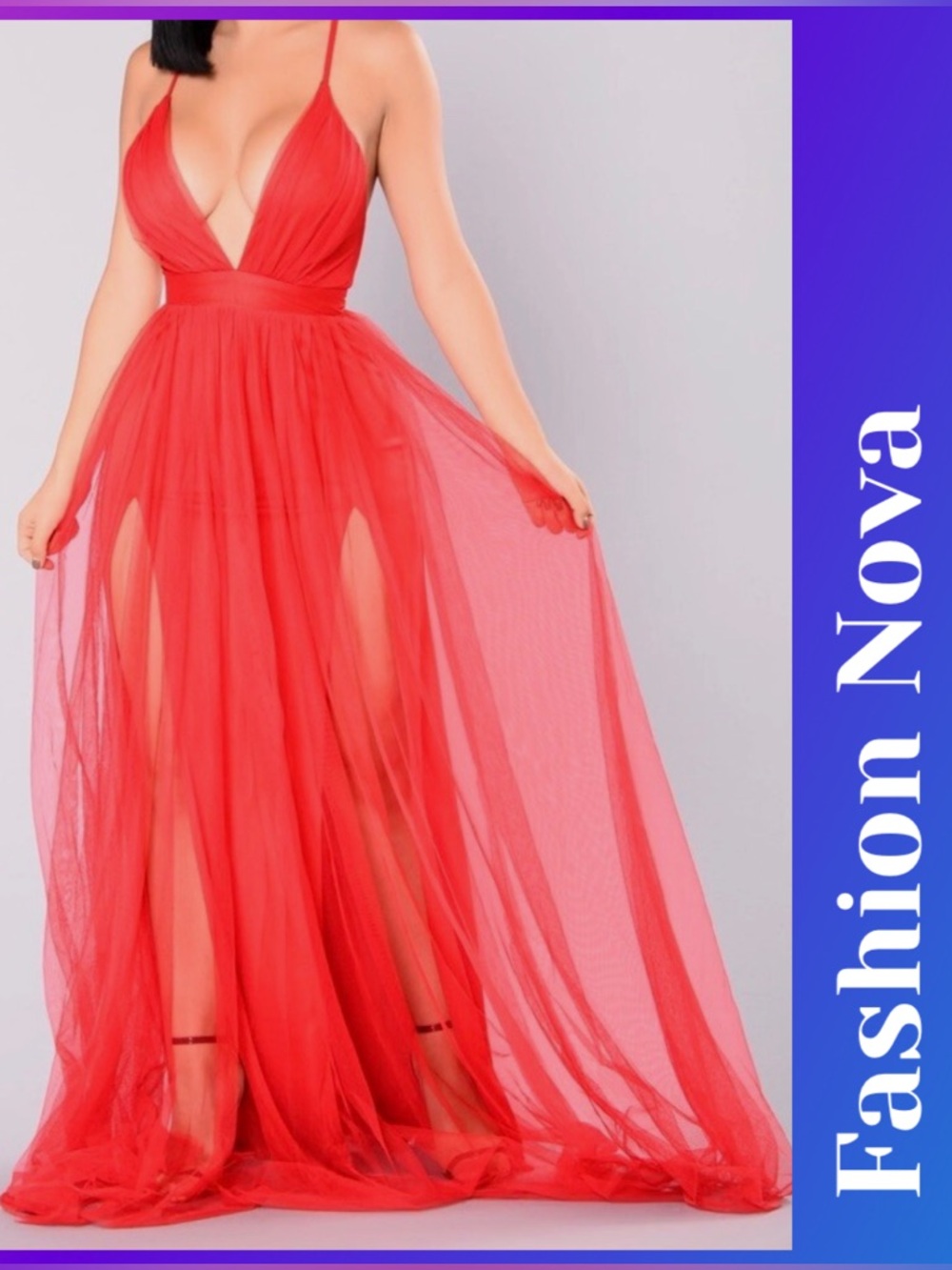Fashion Nova Red Plunge Tulle Maxi Dress